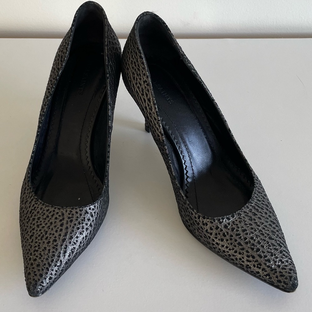 All Saints Kara Mid Heel Black/Silver Leather Pointed Toe Pump Size EU 38 US 7.5